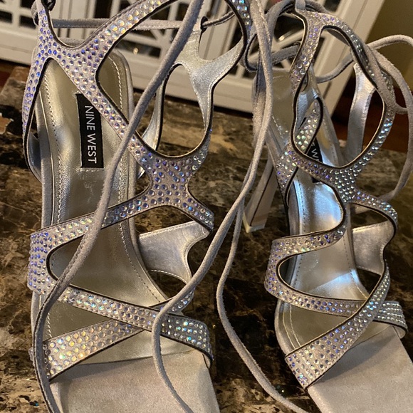 Silver iridescent Elegant rhinestone strappy high heel shoes - Picture 6 of 7